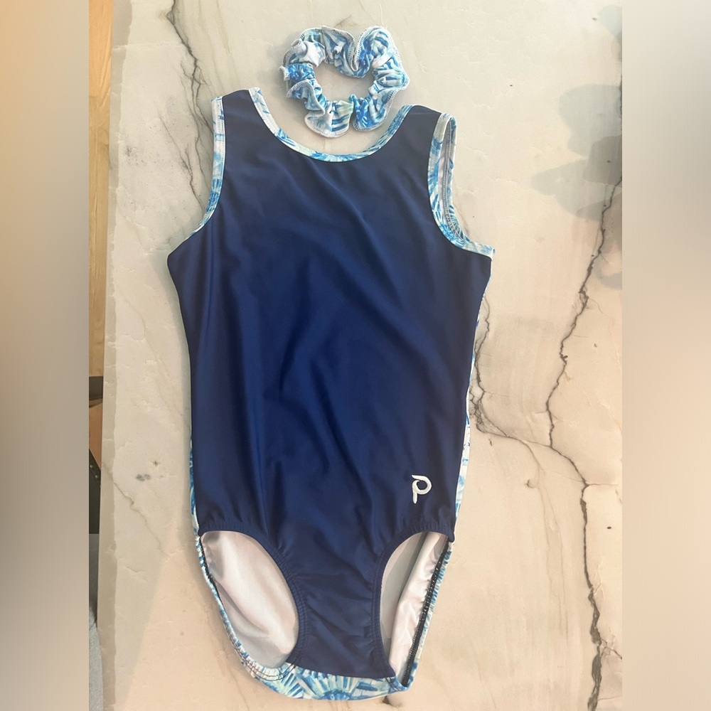 Plum flipside gymnastics leotard Adult XS Blue Tie Dye Back with Scrunchie
